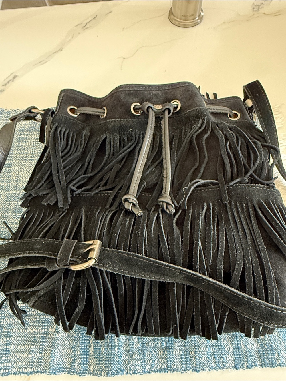Patricia Nash Black Suede Fringe Drawstring Crossbody